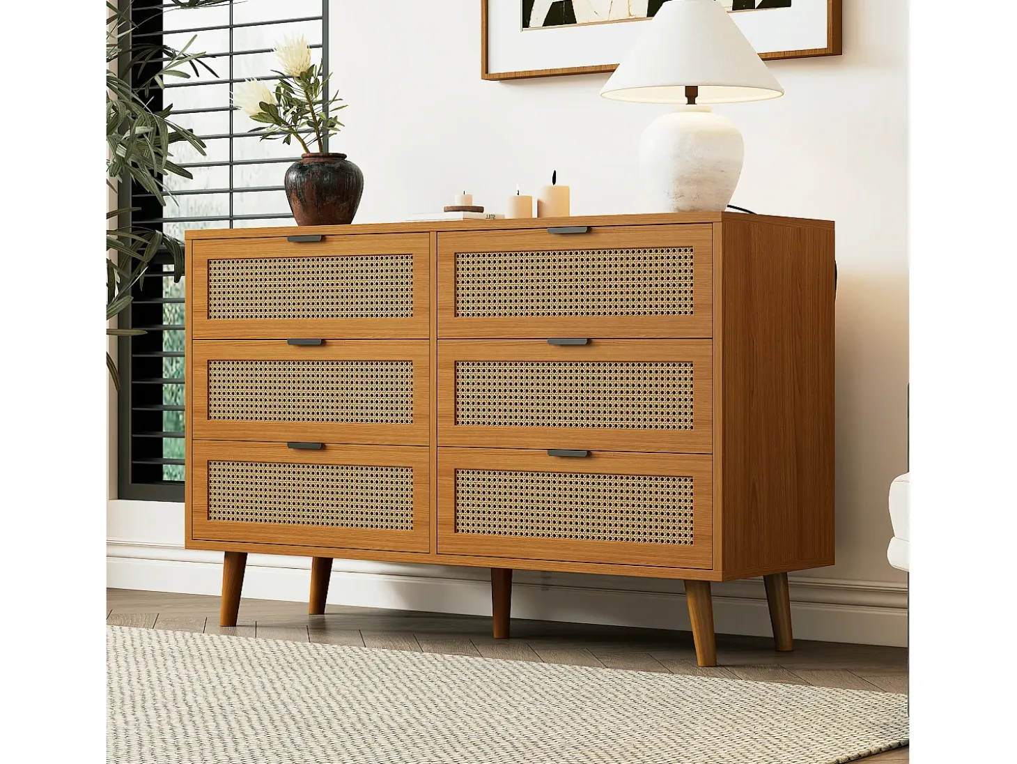 Aparador de madera natural oscura con 6 cajones, tiradores metálicos, dimensiones 120 x 40 x 76,5 cm