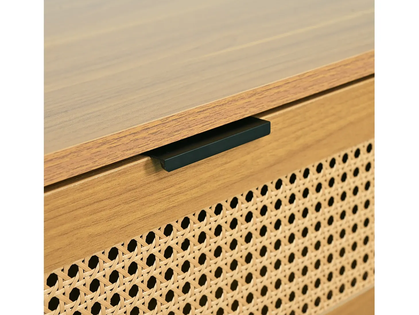 Aparador de madera natural oscura con 6 cajones, tiradores metálicos, dimensiones 120 x 40 x 76,5 cm