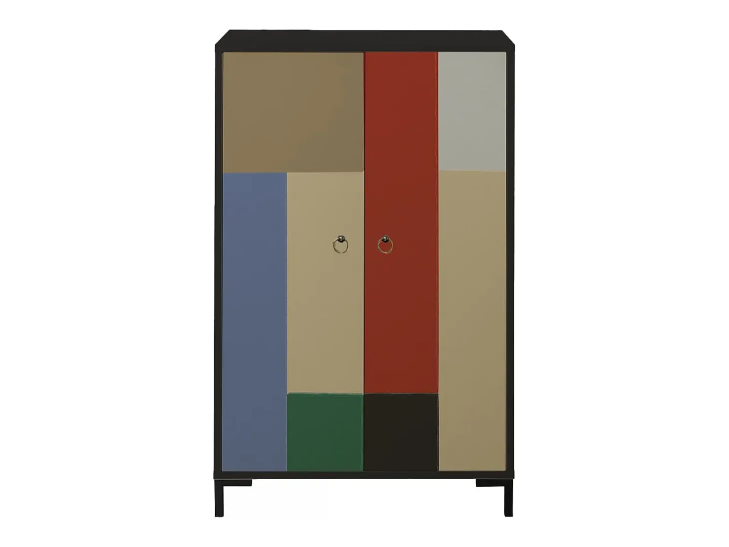 Aparador de MDF con 2 puertas decorativas con bloques en color teja, beige, azul y verde