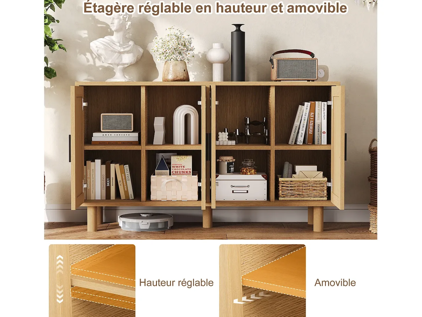 Aparador de mimbre con 4 puertas y estantes regulables - 80 x 40 x 140 cm - Roble