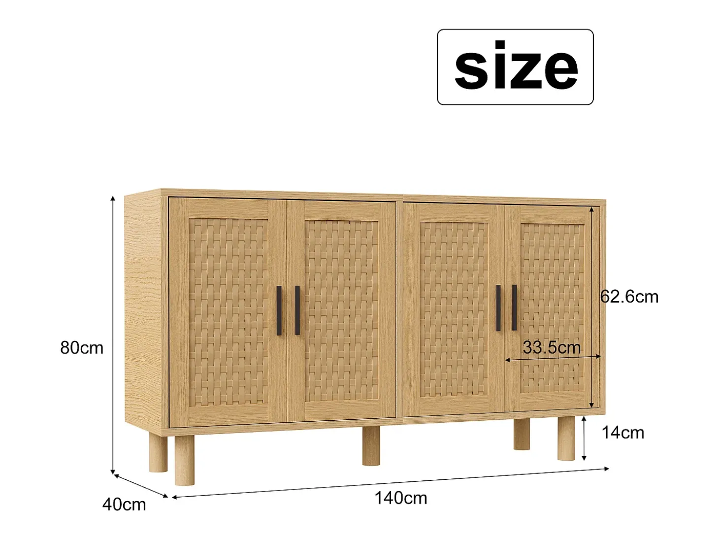 Aparador de mimbre con 4 puertas y estantes regulables - 80 x 40 x 140 cm - Roble