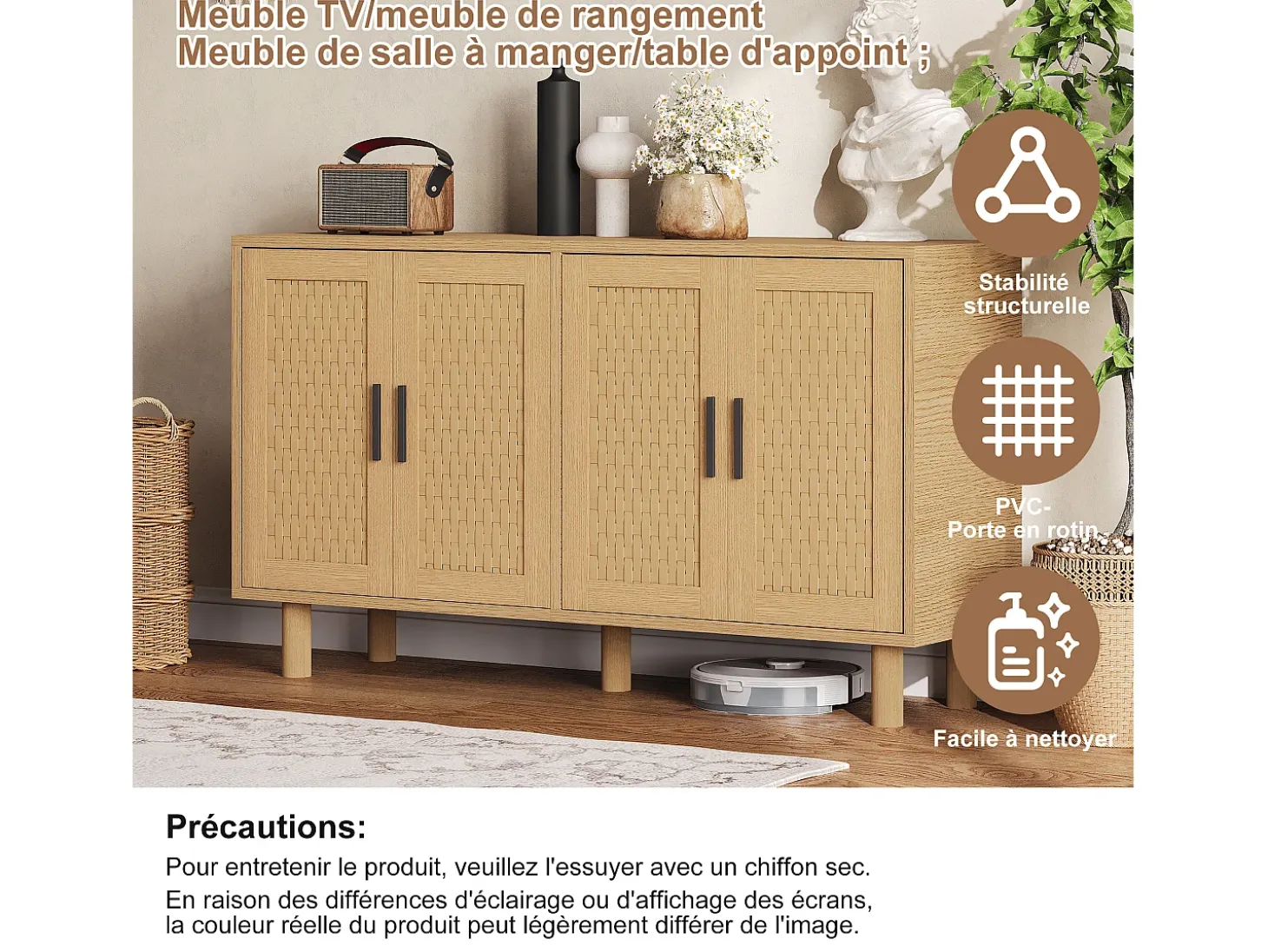 Aparador de mimbre con 4 puertas y estantes regulables - 80 x 40 x 140 cm - Roble