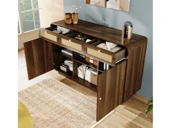 Aparador de nogal - 120 x 40 x 85 cm - con 3 cajones de ratán + 2 puertas + estante abierto - MDF + aglomerado - marrón