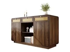Aparador de nogal - 120 x 40 x 85 cm - con 3 cajones de ratán + 2 puertas + estante abierto - MDF + aglomerado - marrón