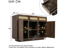 Aparador de nogal - 120 x 40 x 85 cm - con 3 cajones de ratán + 2 puertas + estante abierto - MDF + aglomerado - marrón