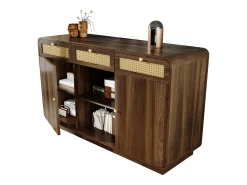 Aparador de nogal - 120 x 40 x 85 cm - con 3 cajones de ratán + 2 puertas + estante abierto - MDF + aglomerado - marrón