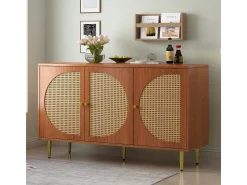 Aparador de nogal con 3 puertas de ratán y tiradores de metal, 129,8 x 40 x 76 cm