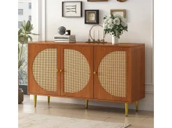 Aparador de nogal con 3 puertas de ratán y tiradores de metal, 129,8 x 40 x 76 cm