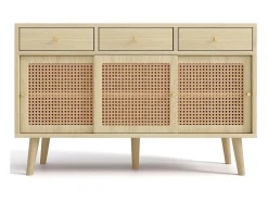 Aparador de ratán - Aparador de roble con 3 cajones y 3 puertas correderas - tiradores de metal - patas de madera