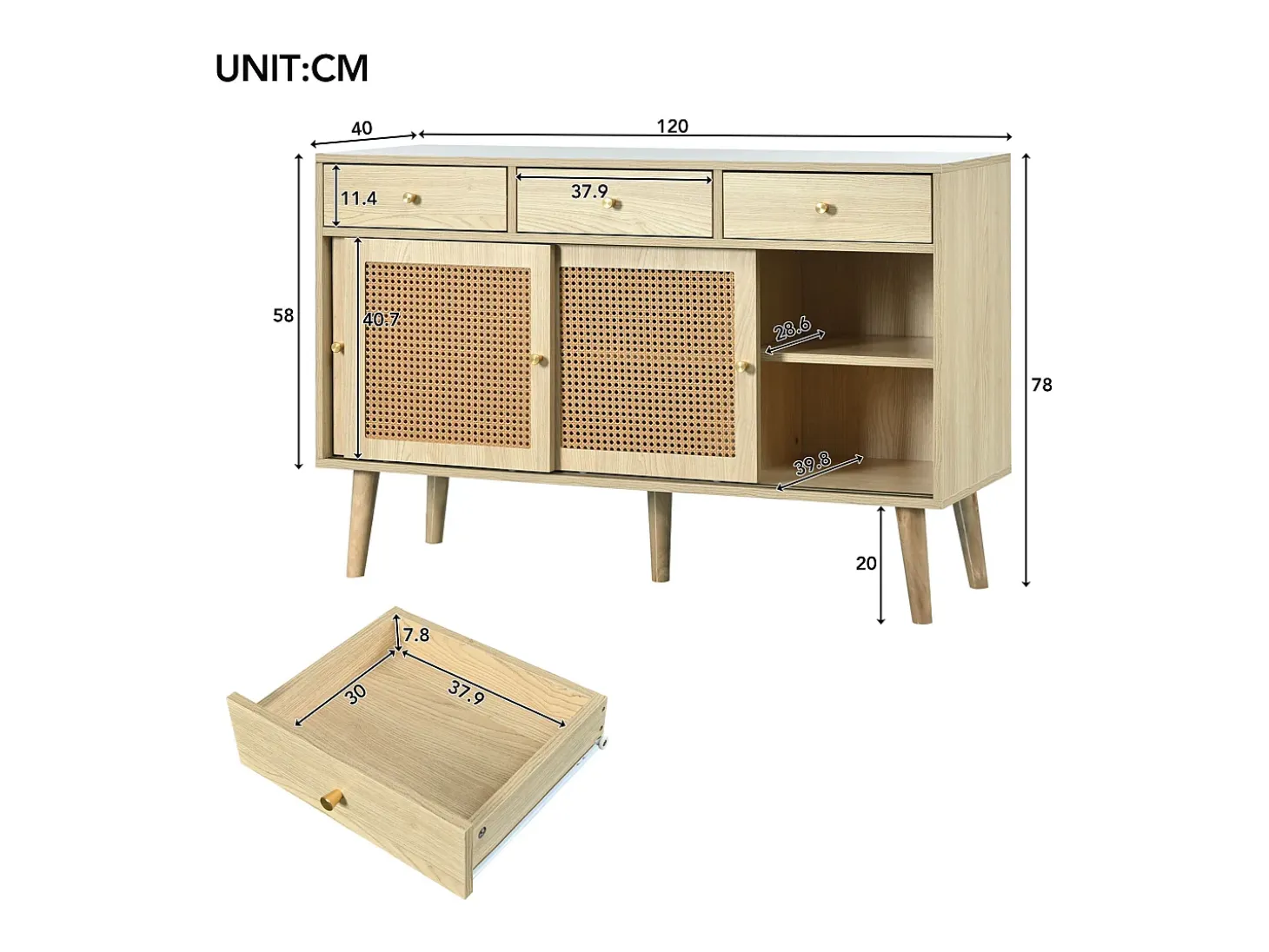 Aparador de ratán - Aparador de roble con 3 cajones y 3 puertas correderas - tiradores de metal - patas de madera