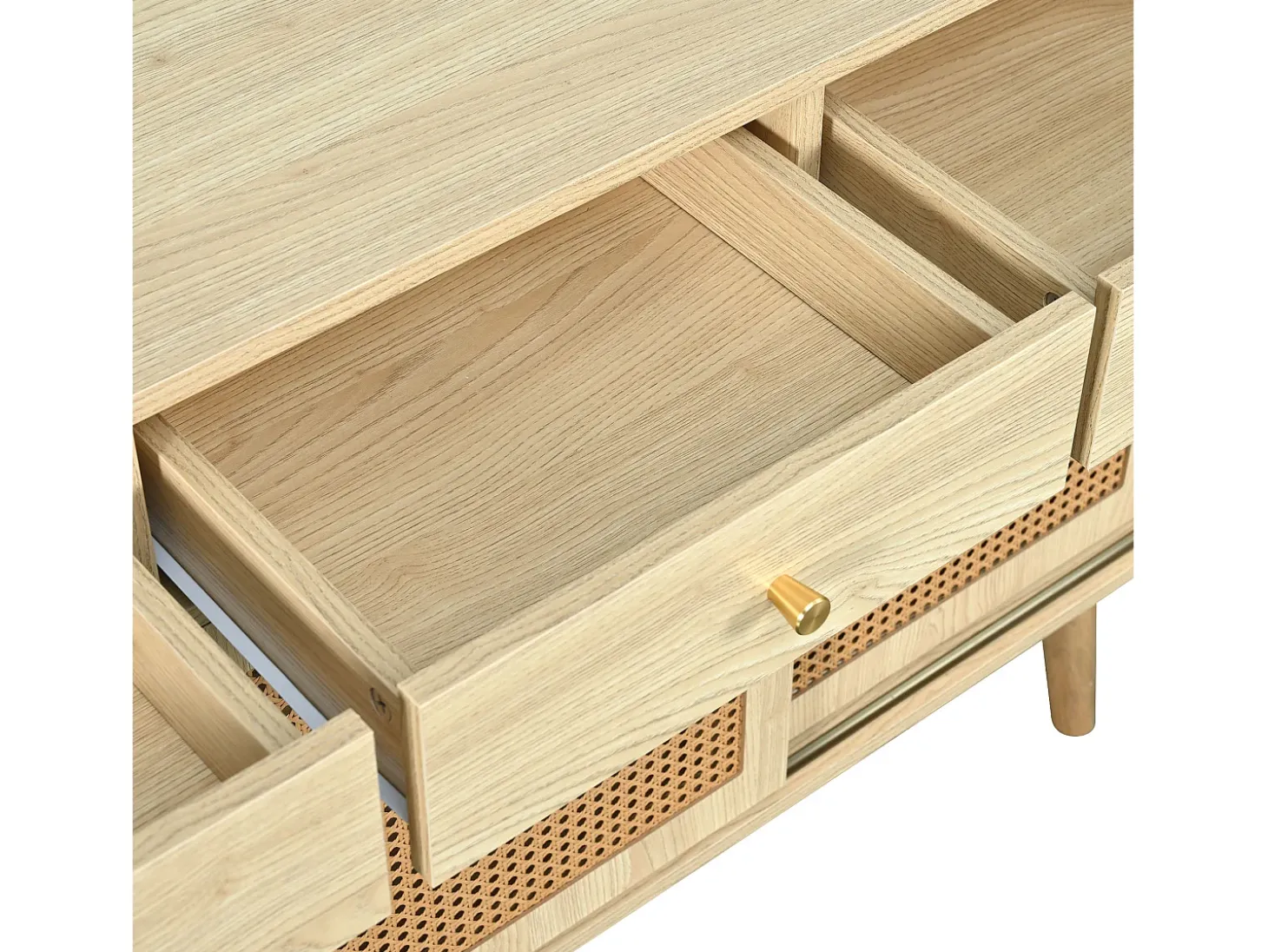 Aparador de ratán - Aparador de roble con 3 cajones y 3 puertas correderas - tiradores de metal - patas de madera