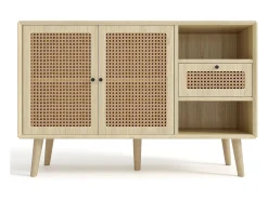 Aparador de ratán - Aparador de roble con 1 cajón y 2 puertas - estantes regulables - patas de madera