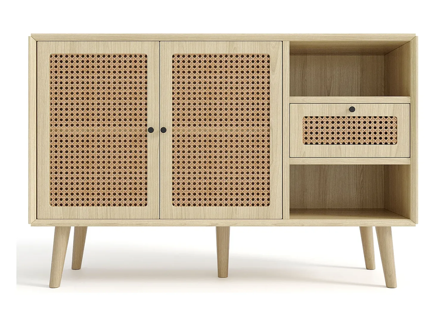 Aparador de ratán - Aparador de roble con 1 cajón y 2 puertas - estantes regulables - patas de madera
