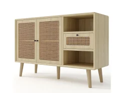 Aparador de ratán - Aparador de roble con 1 cajón y 2 puertas - estantes regulables - patas de madera