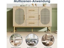 Aparador de ratán, 3 cajones y 2 puertas en ratán, diseño moderno, madera, blanco, con estantes regulables (120x40x74 cm)