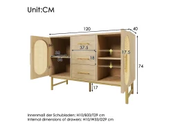 Aparador de ratán, 3 cajones y 2 puertas en ratán, diseño moderno, madera, blanco, con estantes regulables (120x40x74 cm)
