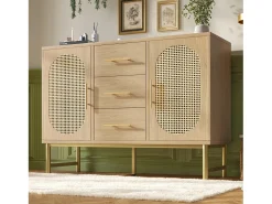 Aparador de ratán, 3 cajones y 2 puertas en ratán, diseño moderno, madera, blanco, con estantes regulables (120x40x74 cm)