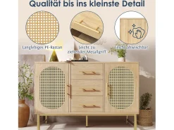 Aparador de ratán, 3 cajones y 2 puertas en ratán, diseño moderno, madera, blanco, con estantes regulables (120x40x74 cm)