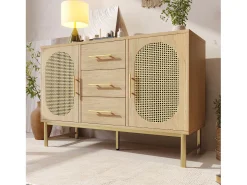 Aparador de ratán, 3 cajones y 2 puertas en ratán, diseño moderno, madera, blanco, con estantes regulables (120x40x74 cm)