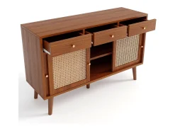 Aparador de ratán con 3 cajones y 3 puertas - Estantes ajustables - Madera - Nogal (120x40x78cm)