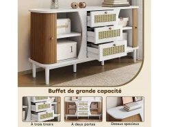 Aparador de ratán con cajones - 3 cajones y 2 puertas - tapa curva - 140 x 40 x 76 cm