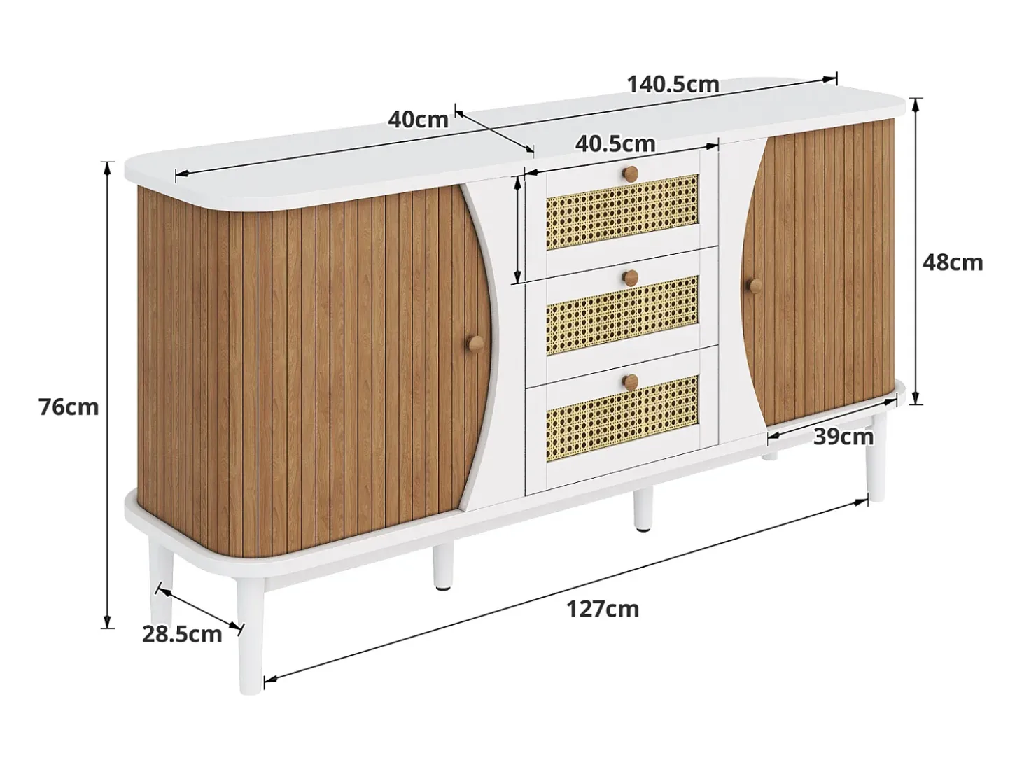 Aparador de ratán con cajones - 3 cajones y 2 puertas - tapa curva - 140 x 40 x 76 cm