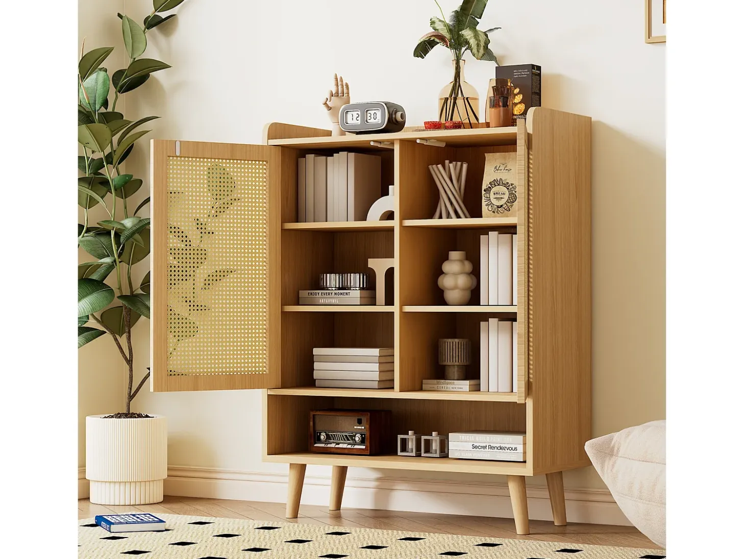 Aparador de ratán con puertas y estantes, patas y tiradores de madera maciza, 80 x 35 x 105 cm