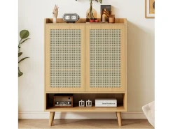 Aparador de ratán con puertas y estantes, patas y tiradores de madera maciza, 80 x 35 x 105 cm