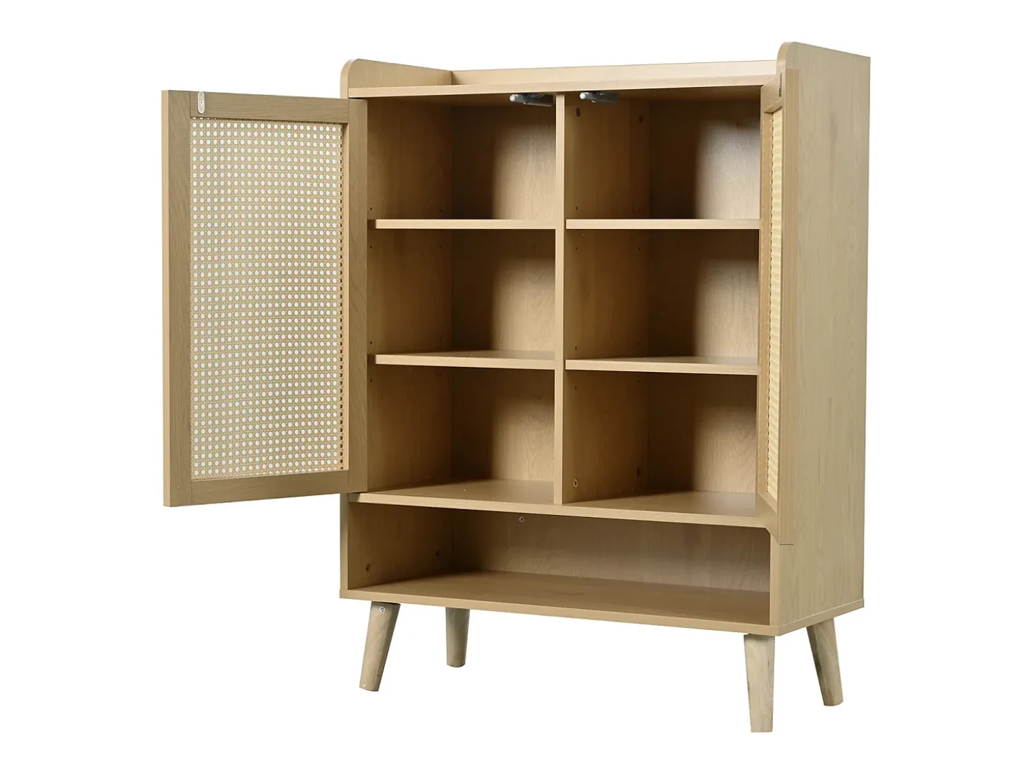 Aparador de ratán con puertas y estantes, patas y tiradores de madera maciza, 80 x 35 x 105 cm
