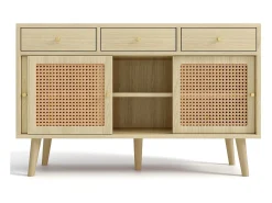 Aparador de ratán 120x40x78cm, con 3 cajones y 3 puertas correderas, patas de madera maciza, tirador de metal dorado, estantes regulables