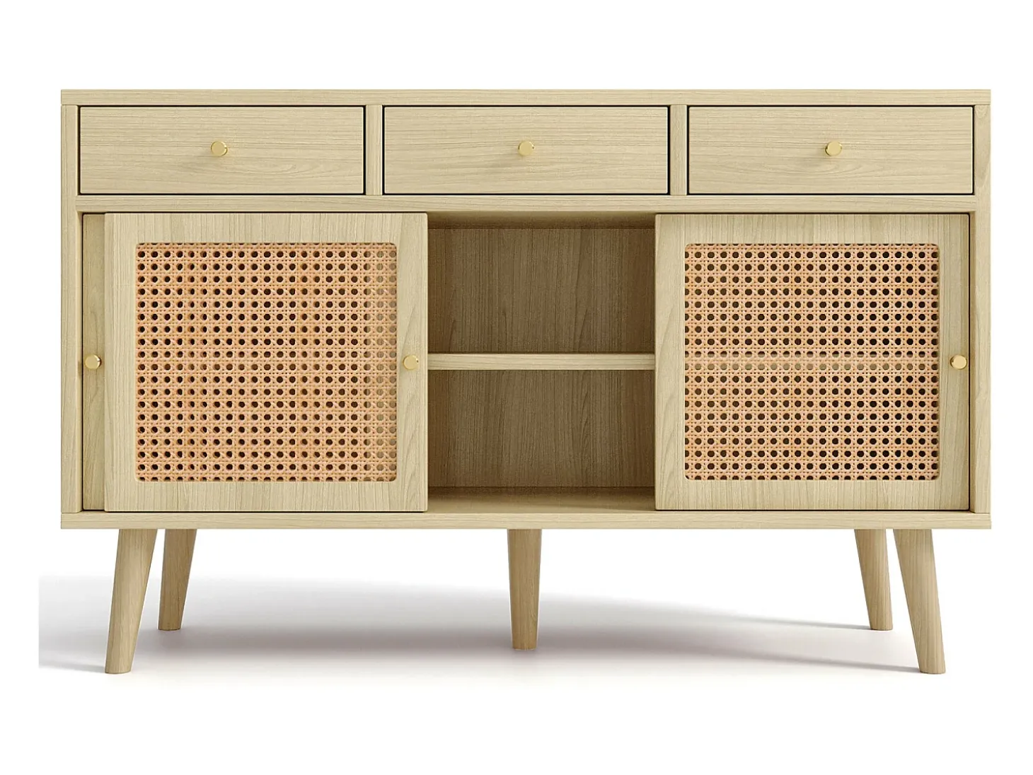 Aparador de ratán 120x40x78cm, con 3 cajones y 3 puertas correderas, patas de madera maciza, tirador de metal dorado, estantes regulables