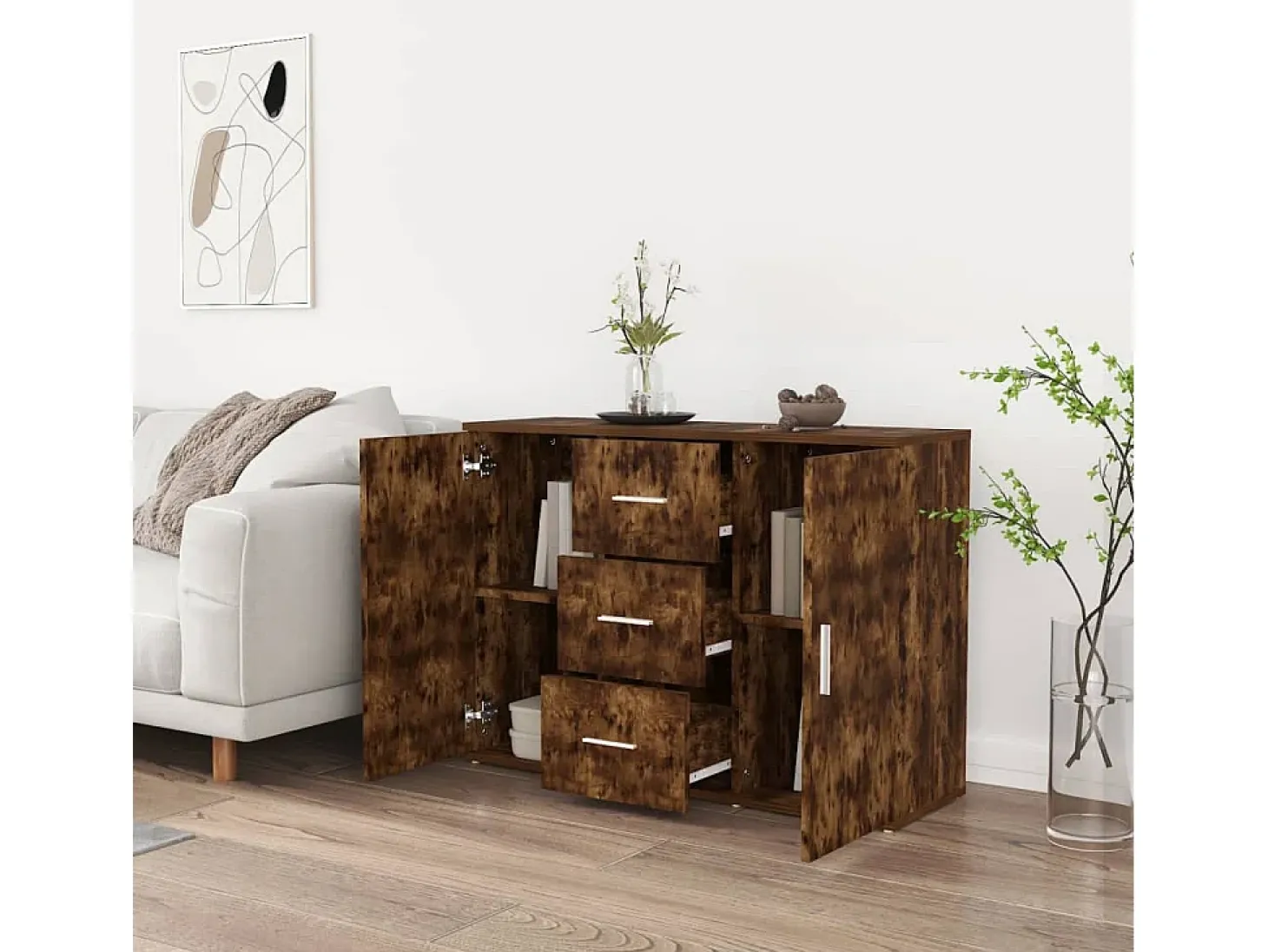 Aparador de roble ahumado 91x29,5x65 cm Madera de ingeniería
