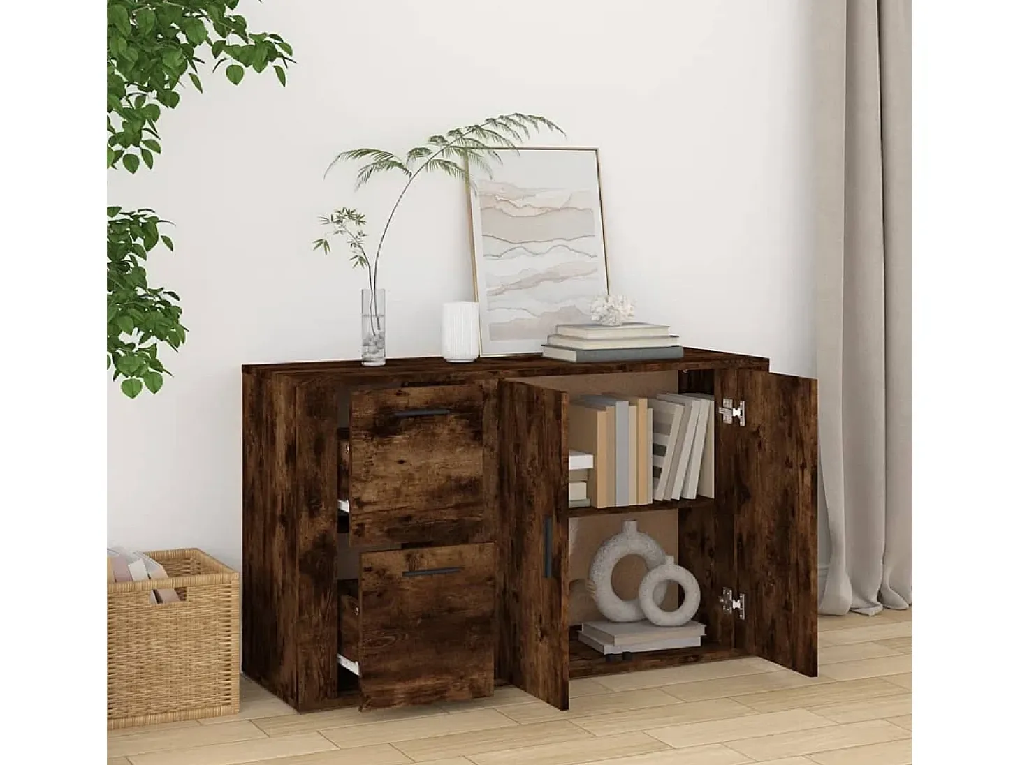 Aparador de roble ahumado 100x33x59,5 cm Madera de ingeniería