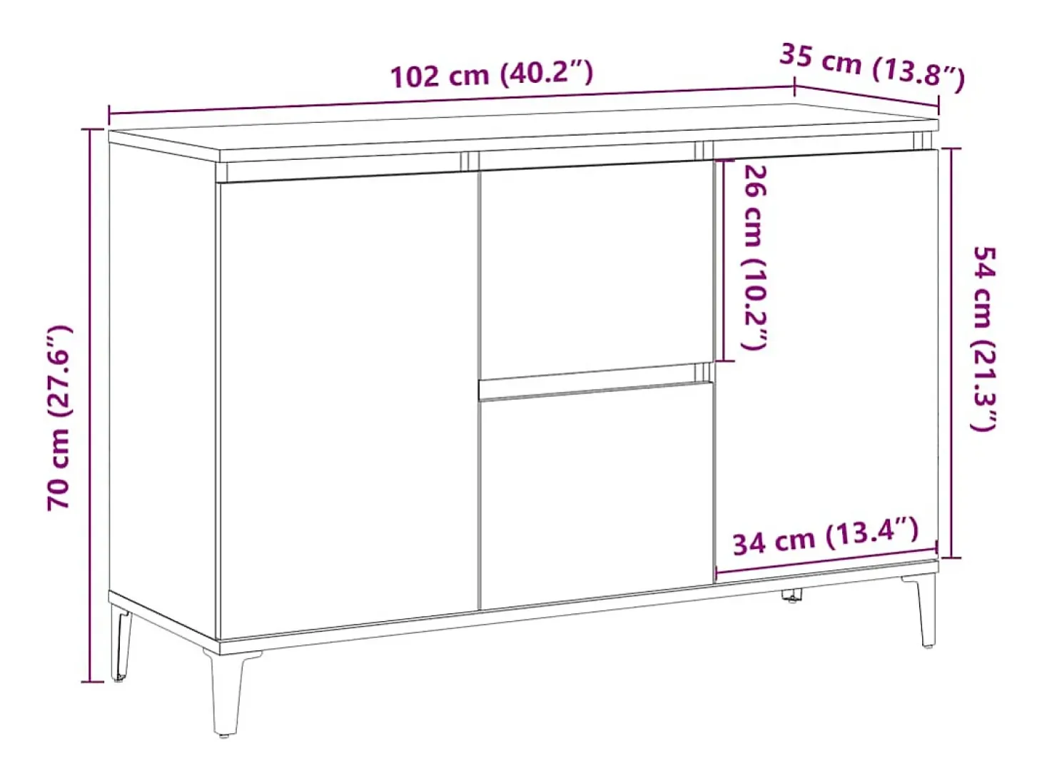 Aparador de roble artesanal 102x35x70 cm madera de ingeniería