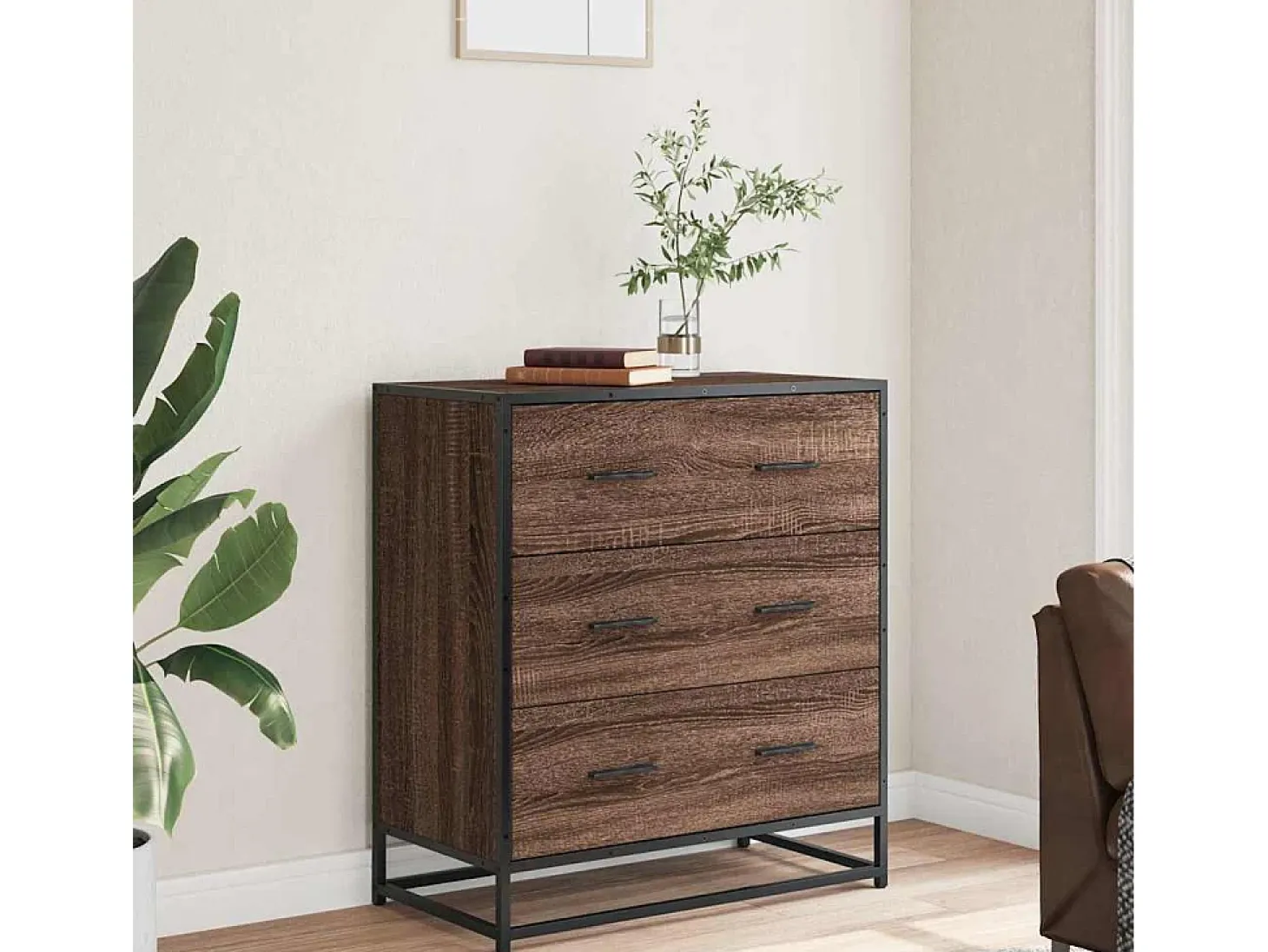 Aparador de roble marrón 68x35x76 cm madera contrachapada y metal