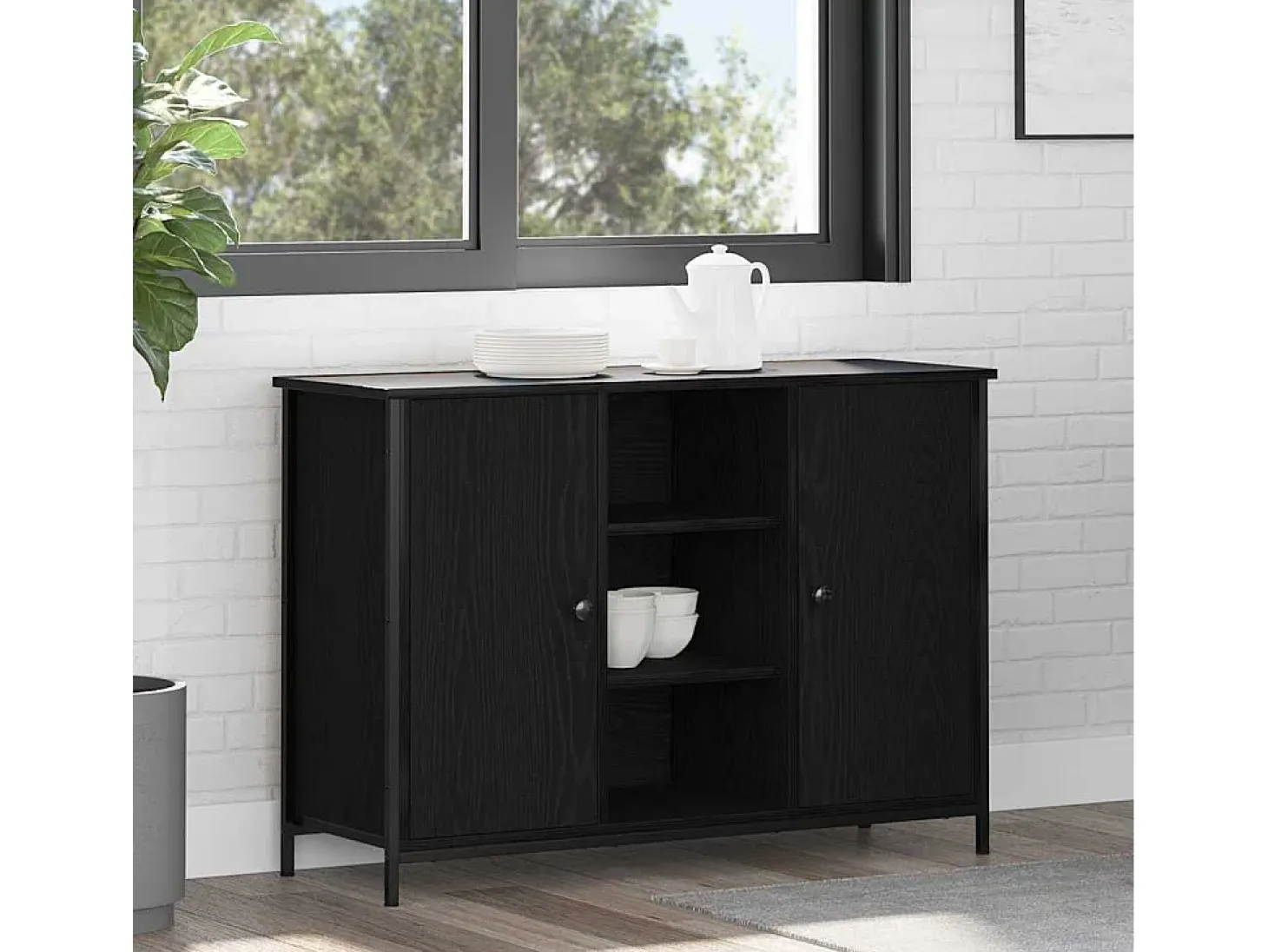 Aparador de roble negro 100x35x70 cm Madera de ingeniería y acero
