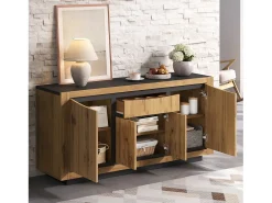 Aparador de salón - 140 x 38,5 x 52 cm - con 4 puertas + 1 cajón - MDF - acabado madera y negro