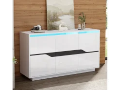 Aparador de salón - 140 x 40 x 76 cm - con 3 puertas - alto brillo con LED - aglomerado - blanco