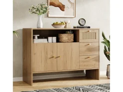 Aparador de salón - 105 x 40 x 76 cm - con 2 puertas + 3 cajones + tiradores de ratán dorado - tablero de partículas - natural
