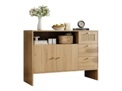 Aparador de salón - 105 x 40 x 76 cm - con 2 puertas + 3 cajones + tiradores de ratán dorado - tablero de partículas - natural