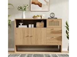 Aparador de salón - 105 x 40 x 76 cm - con 2 puertas + 3 cajones + tiradores de ratán dorado - tablero de partículas - natural