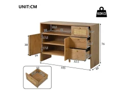 Aparador de salón - 105 x 40 x 76 cm - con 2 puertas + 3 cajones + tiradores de ratán dorado - tablero de partículas - natural