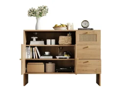 Aparador de salón - 105 x 40 x 76 cm - con 2 puertas + 3 cajones + tiradores de ratán dorado - tablero de partículas - natural