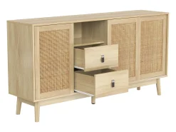 Aparador de salón con 3 puertas correderas de ratán auténtico y 2 cajones, mueble de almacenaje, madera