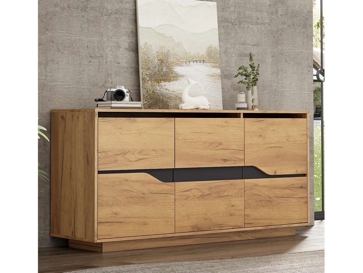 Aparador de salón con 3 puertas de almacenamiento y estantes ajustables – Madera natural y negro