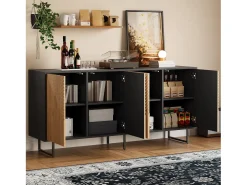Aparador de salón con acabado en madera natural - 160 x 40 x 75 cm - con 4 puertas + 3 patas - aglomerado - natural