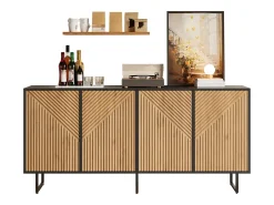 Aparador de salón con acabado en madera natural - 160 x 40 x 75 cm - con 4 puertas + 3 patas - aglomerado - natural