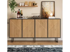 Aparador de salón con acabado en madera natural - 160 x 40 x 75 cm - con 4 puertas + 3 patas - aglomerado - natural