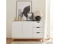 Aparador efecto madera con patas de madera 2 puertas, 120cm blanco