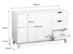 Aparador efecto madera con patas de madera 2 puertas, 120cm blanco
